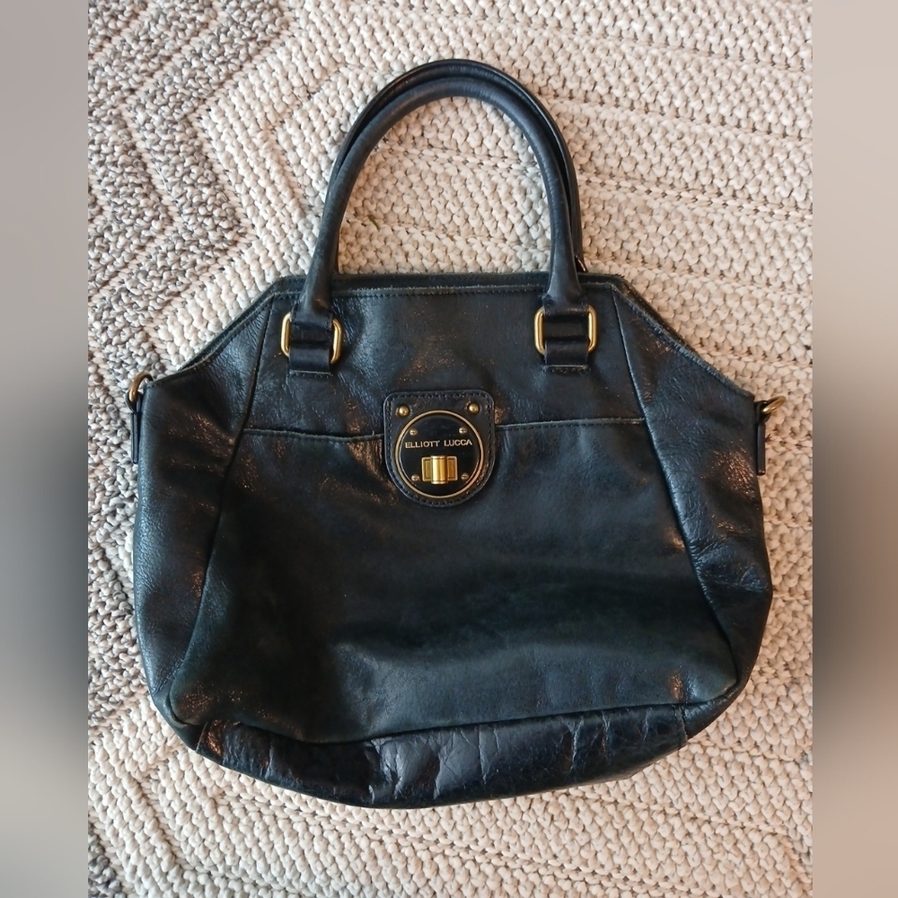 Elliott Lucca Black Genuine Leather Turn Lock Double Handle Bag